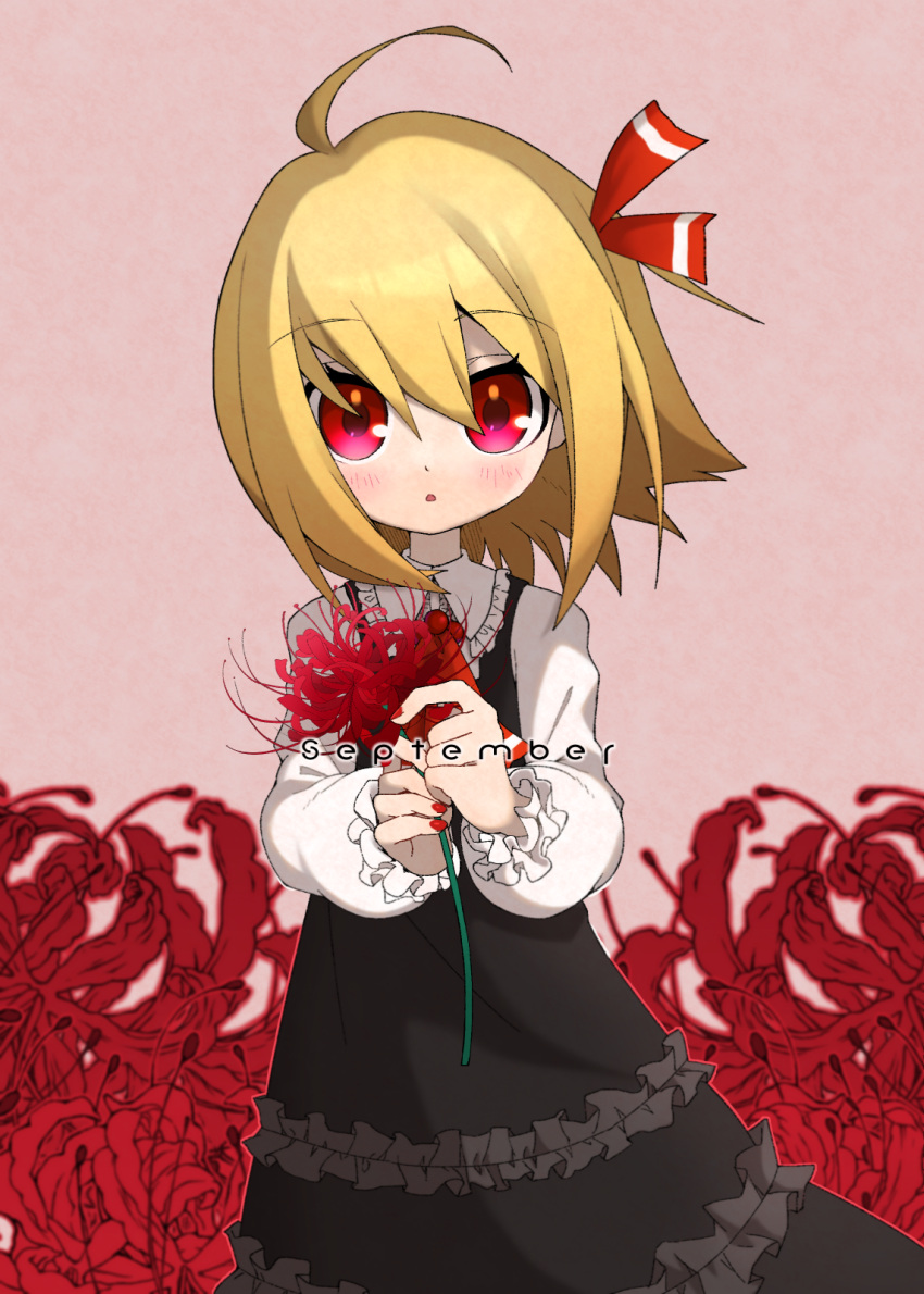 1girl adapted_costume bangs black_dress blonde_hair blush dress flower frilled_dress frills hair_ribbon highres holding holding_flower long_sleeves looking_at_viewer medium_hair mei_mu nail_polish red_eyes red_nails red_ribbon ribbon rumia september shirt solo spider_lily touhou upper_body white_shirt