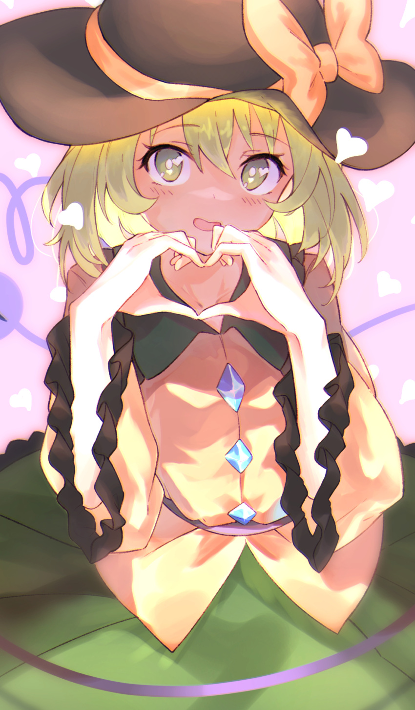 1girl bangs blush eyebrows_visible_through_hair frilled_shirt_collar frilled_sleeves frills gem green_eyes green_hair green_skirt hair_between_eyes hat hat_ribbon heart heart_background heart_hands heart_of_string highres komeiji_koishi long_sleeves looking_at_viewer open_mouth pink_background ribbon shirt short_hair simple_background skirt solo tamiku_(shisyamo609) third_eye touhou wide_sleeves yellow_ribbon yellow_shirt