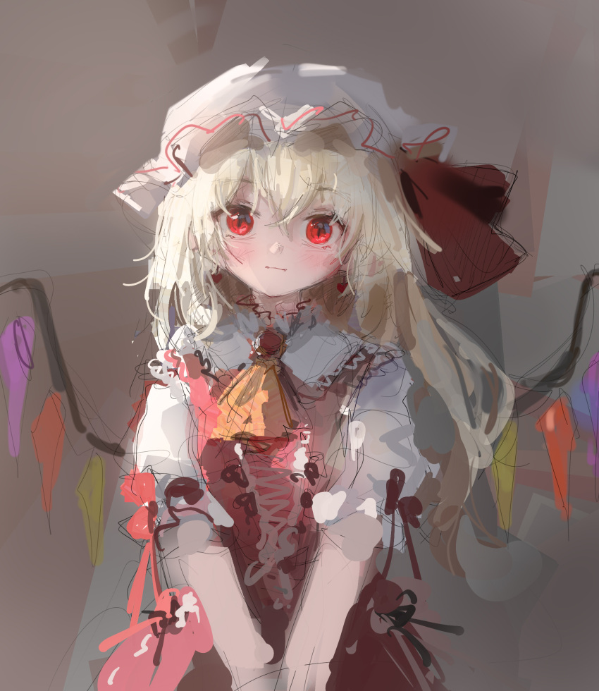 1girl ascot bangs blonde_hair blush brown_background closed_mouth collar collared_dress crystal dress eyebrows_visible_through_hair flandre_scarlet gem grey_background hair_between_eyes hat hat_ribbon highres jewelry light looking_at_viewer mob_cap multicolored multicolored_wings one_side_up puffy_short_sleeves puffy_sleeves red_dress red_eyes red_ribbon reddizen ribbon shadow shirt short_hair short_sleeves sketch smile solo touhou white_headwear white_shirt white_sleeves wings yellow_neckwear