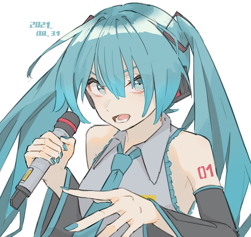 1girl bangs black_sleeves blue_eyes blue_hair blue_nails blue_neckwear collared_shirt commentary dated detached_sleeves grey_shirt hair_between_eyes hands_up hatsune_miku highres holding holding_microphone irenji long_hair looking_at_viewer lower_teeth microphone necktie open_mouth shirt simple_background sleeveless sleeveless_shirt solo twintails upper_body v-shaped_eyebrows vocaloid white_background