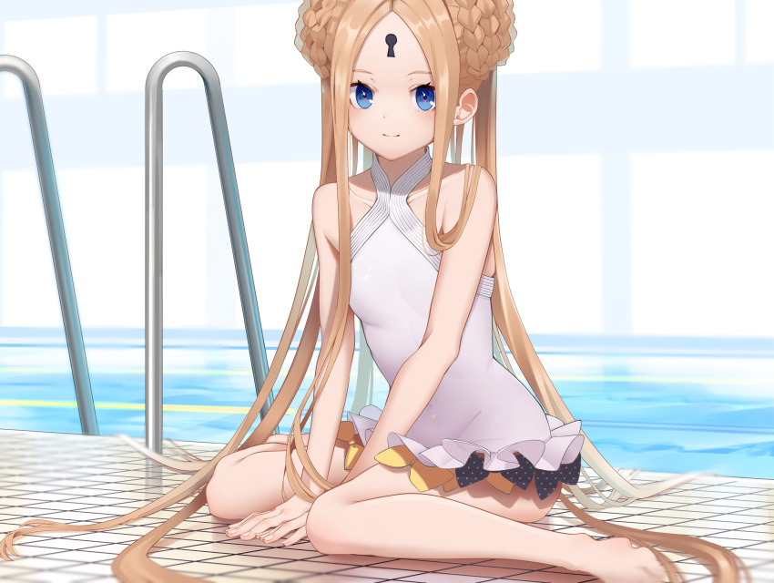 1girl abigail_williams_(fate) abigail_williams_(swimsuit_foreigner)_(fate) absurdres bangs bare_shoulders black_bow blonde_hair blue_eyes bow braid braided_bun breasts double_bun dress_swimsuit fate/grand_order fate_(series) forehead highres keyhole long_hair multiple_bows orange_bow parted_bangs poolside shiro_ami sidelocks sitting small_breasts smile solo swimsuit twintails very_long_hair wariza white_swimsuit