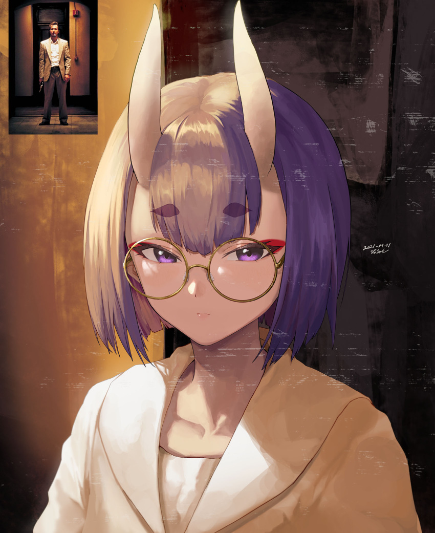 1girl bespectacled bob_cut collarbone eyebrows_visible_through_hair fate/grand_order fate_(series) glasses highres horns looking_at_viewer oni oni_horns photo-referenced purple_hair round_eyewear shuten_douji_(fate) solo taino_kou thick_eyebrows upper_body violet_eyes