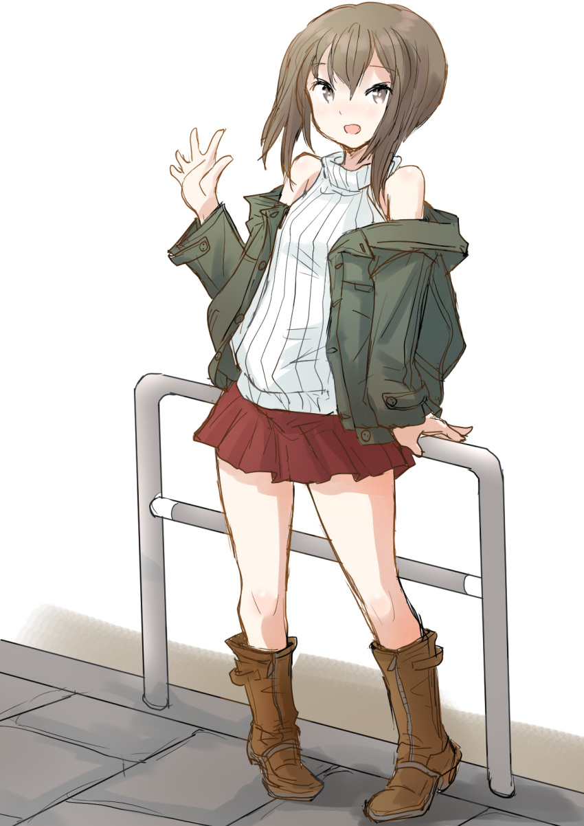1girl boots brown_eyes brown_footwear brown_hair brown_skirt commentary_request fuji_(pixiv24804665) full_body grey_jacket highres jacket kantai_collection looking_at_viewer open_clothes open_jacket pleated_skirt railing short_hair sidelocks simple_background skirt sleeveless sleeveless_sweater solo standing sweater taihou_(kancolle) turtleneck waving white_background white_sweater