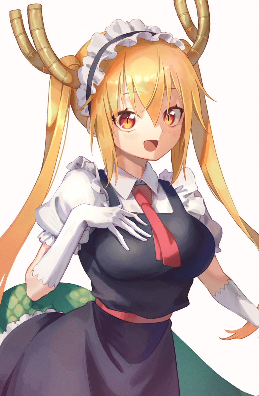 1girl absurdres black_dress blonde_hair dragon_girl dragon_horns dragon_tail dress fang gloves hair_between_eyes highres horns kobayashi-san_chi_no_maidragon long_hair maid maid_headdress necktie open_mouth orange_eyes red_neckwear short_sleeves smile solo sooon tail tohru_(maidragon) twintails white_gloves