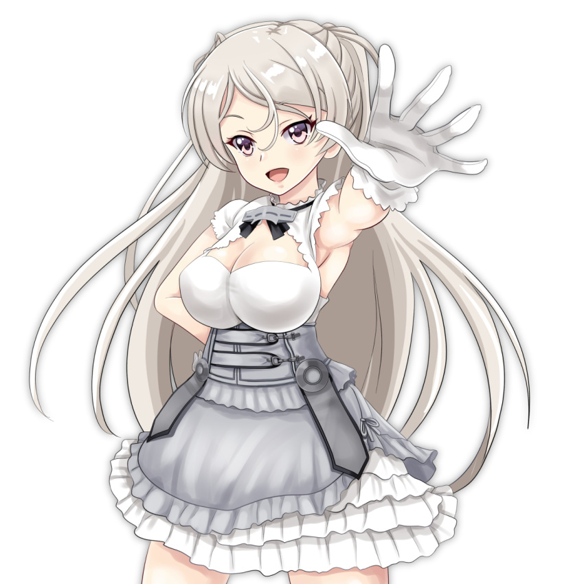 1girl breasts conte_di_cavour_(kancolle) dress frilled_dress frills gloves grey_eyes grey_hair highres kantai_collection large_breasts layered_dress long_hair sleeveless sleeveless_dress solo tk8d32 two_side_up white_dress white_gloves
