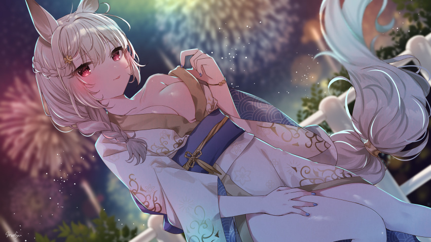 1girl :p aerial_fireworks animal_ear_fluff animal_ears bangs blurry blurry_background braid breasts closed_mouth commentary_request depth_of_field dutch_angle eyebrows_visible_through_hair fireworks gongsun_zan_(houchi_shoujo) grey_hair hair_between_eyes hair_over_shoulder highres houchi_shoujo japanese_clothes kimono long_hair looking_at_viewer mafuyu_(chibi21) medium_breasts night obi off_shoulder outdoors red_eyes revision sash single_braid smile solo tongue tongue_out white_kimono