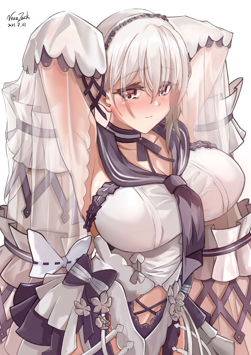 1girl absurdly_long_hair absurdres armpits arms_behind_head artist_name azur_lane black_choker black_neckwear black_sailor_collar blush bow_dress breasts choker clothing_cutout dress dress_flower feather_dress formidable_(azur_lane) formidable_(timeless_classics)_(azur_lane) hair_between_eyes hair_ornament highres large_breasts long_hair looking_at_viewer navel_cutout noazzark official_alternate_costume platinum_blonde_hair red_eyes sailor_collar simple_background sleeveless sleeveless_dress solo twintails two-tone_dress two-tone_ribbon upper_body veil very_long_hair white_background white_dress