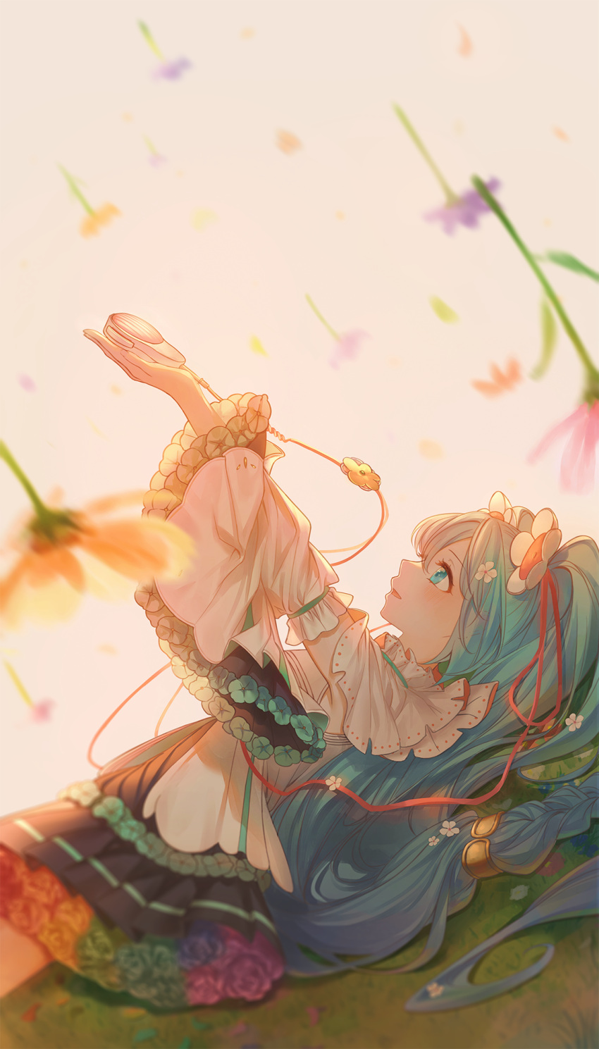 1girl aqua_eyes aqua_hair bangs black_dress blue_flower blurry dress dutch_angle eyebrows_visible_through_hair flower from_side hair_between_eyes hair_flower hair_ornament hatsune_miku highres lium long_hair long_sleeves lying on_back on_grass outstretched_arm pleated_dress red_flower solo very_long_hair vocaloid white_flower white_sleeves wide_sleeves