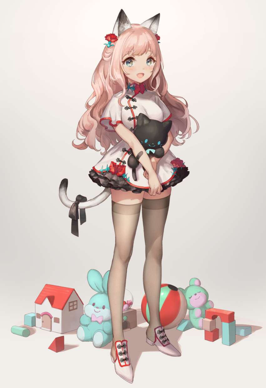 1girl :d animal_ears ball beachball black_ribbon black_skirt blue_eyes blush breasts cat_ears cat_girl cat_tail commentary_request fang flower full_body gradient gradient_background grey_background grey_legwear hair_flower hair_ornament highres layered_skirt long_hair long_legs looking_at_viewer medium_breasts miniskirt open_mouth original pink_hair red_flower ribbon shadow shirt shoes short_sleeves simple_background skirt smile solo standing stuffed_animal stuffed_bunny stuffed_cat stuffed_toy tail tail_ornament tail_ribbon teddy_bear thigh-highs toy toy_house wavy_hair white_footwear white_shirt yutsumoe zettai_ryouiki