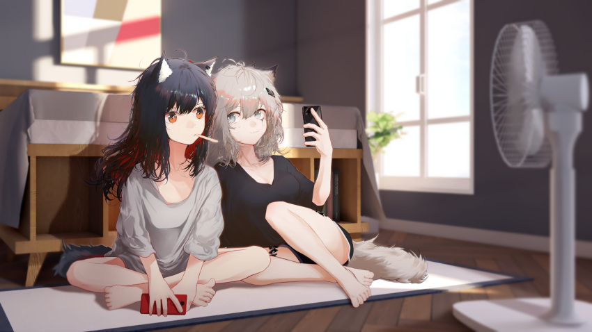 2girls ahoge alternate_costume animal_ear_fluff animal_ears arknights barefoot black_hair black_shirt black_shorts blurry blurry_background cellphone colored_inner_hair commentary_request electric_fan food grey_hair hair_ornament hairclip highres holding holding_phone indian_style indoors korean_commentary lappland_(arknights) messy_hair mixed-language_commentary mouth_hold multicolored_hair multiple_girls orange_eyes oripathy_lesion_(arknights) phone popsicle redhead runamonet scar scar_across_eye shirt shorts sitting smartphone tail texas_(arknights) white_shirt window wolf_ears wolf_girl wolf_tail