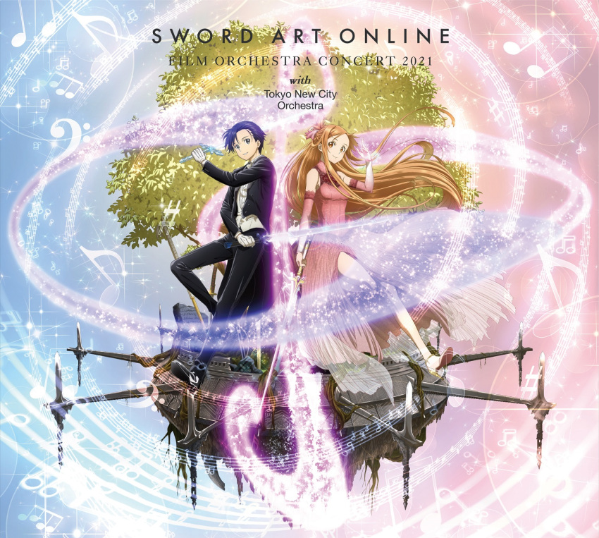 1boy 1girl asuna_(sao) bare_legs bare_shoulders black_dress black_eyes black_hair brown_eyes brown_hair dress high_heels highres holding holding_sword holding_weapon kirito long_hair looking_at_viewer musical_note pink_dress rapier shoes short_hair suzuki_gou sword sword_art_online sword_art_online:_alicization tailcoat weapon