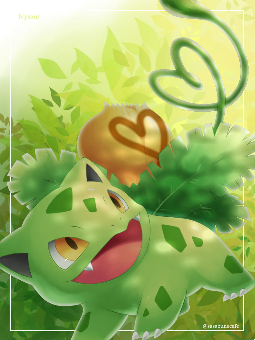 :d alternate_color artist_name character_name commentary_request fangs framed gen_1_pokemon heart highres ivysaur no_humans open_mouth plant pokemon pokemon_(creature) sasabunecafe shiny_pokemon smile solo tongue vines yellow_eyes