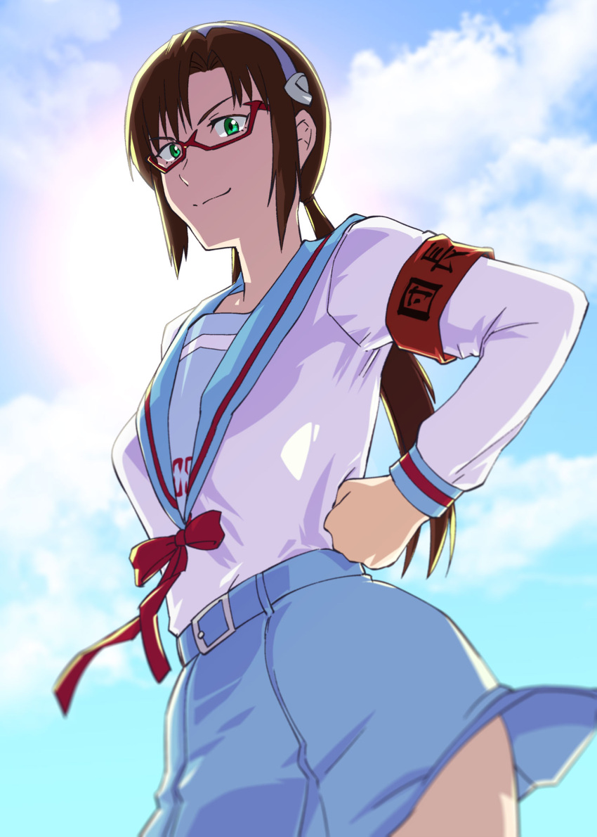 1girl armband blue_sailor_collar blue_skirt blue_sky brown_hair clouds cosplay glasses green_eyes hairband hands_on_hips highres kita_high_school_uniform long_hair long_sleeves looking_at_viewer makinami_mari_illustrious neck_ribbon neon_genesis_evangelion rebuild_of_evangelion red-framed_eyewear red_neckwear ribbon sailor_collar sailor_shirt school_uniform semi-rimless_eyewear serafuku shirt skirt sky smile solo suzumiya_haruhi suzumiya_haruhi_(cosplay) suzumiya_haruhi_no_yuuutsu ueyama_michirou under-rim_eyewear white_shirt