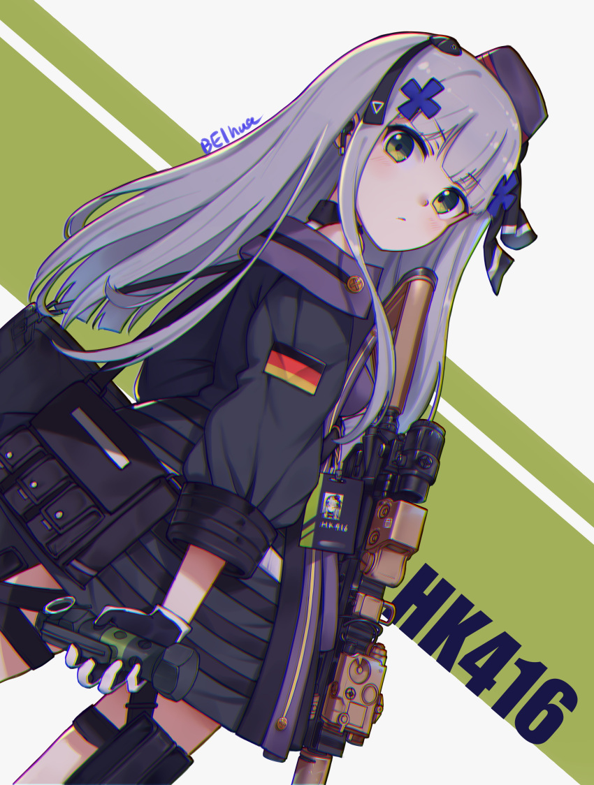 1girl 404_(girls_frontline) absurdres assault_rifle bangs bei_hua beret dutch_angle german_flag girls_frontline gloves green_background green_eyes grey_background gun h&amp;k_hk416 hat headgear heckler_&amp;_koch highres hk416_(girls_frontline) id_card long_hair looking_at_viewer military_jacket multicolored multicolored_background official_alternate_costume rifle silver_hair solo thigh_strap weapon white_hair