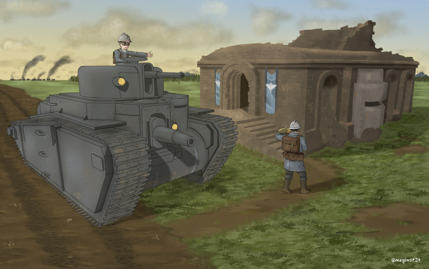 2boys absurdres artist_request bunker caterpillar_tracks clouds copyright_request emblem english_commentary evening glass goggles ground_vehicle highres huge_filesize military military_vehicle motor_vehicle multiple_boys sky smoke tank twitter_username