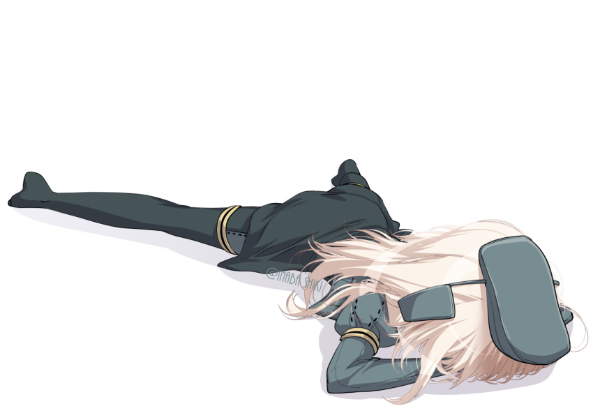 1girl blonde_hair bodysuit cropped_jacket garrison_cap hat inaba_shiki kantai_collection long_hair long_sleeves lying on_stomach puffy_long_sleeves puffy_sleeves solo spread_legs u-511_(kancolle) wetsuit