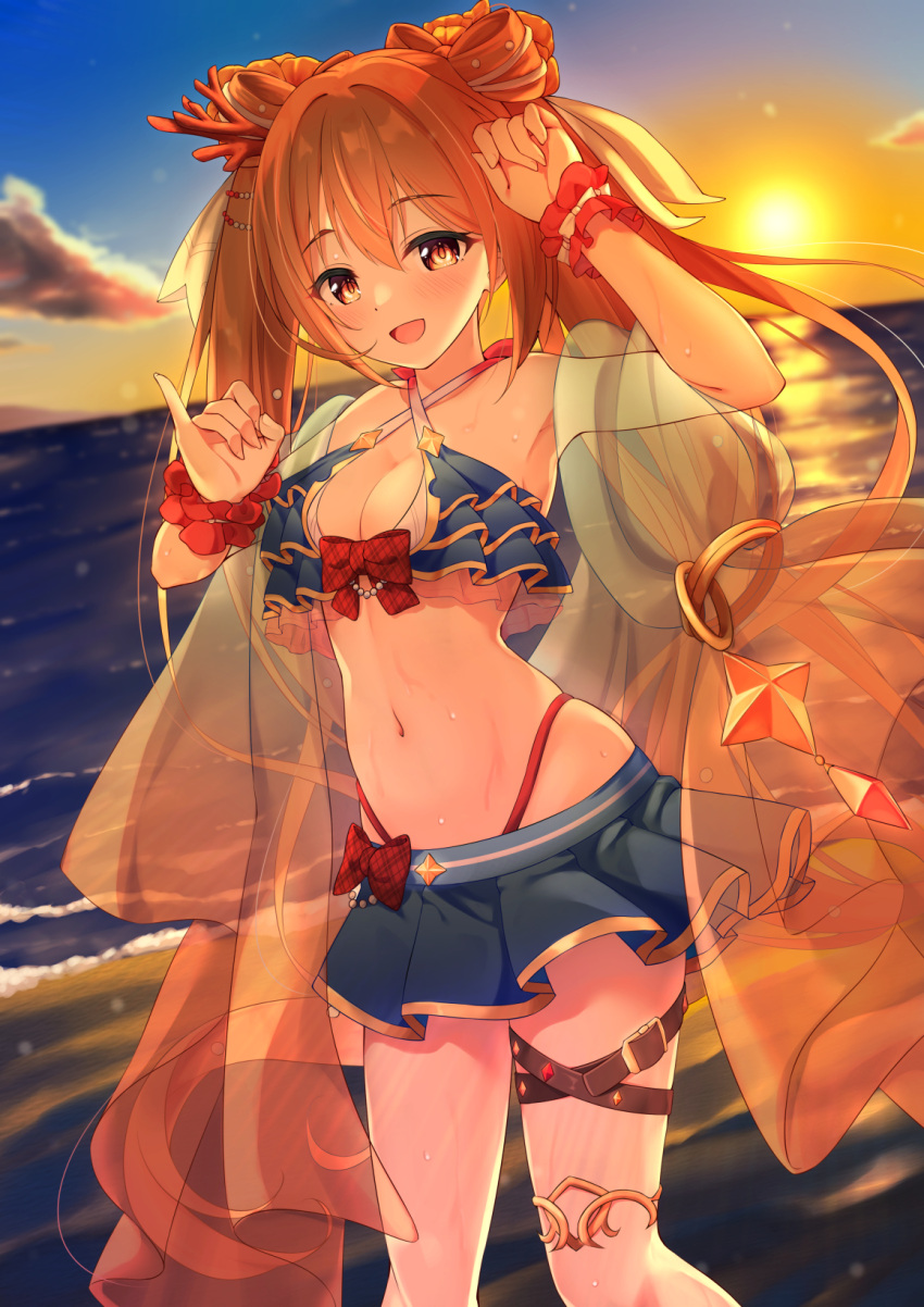 1girl :d bikini bikini_skirt blush breasts cleavage eyebrows_visible_through_hair hair_between_eyes highres looking_at_viewer medium_breasts navel nozomi_(princess_connect!) open_mouth orange_hair princess_connect! red_eyes see-through smile solo sunset swimsuit syurimp twintails