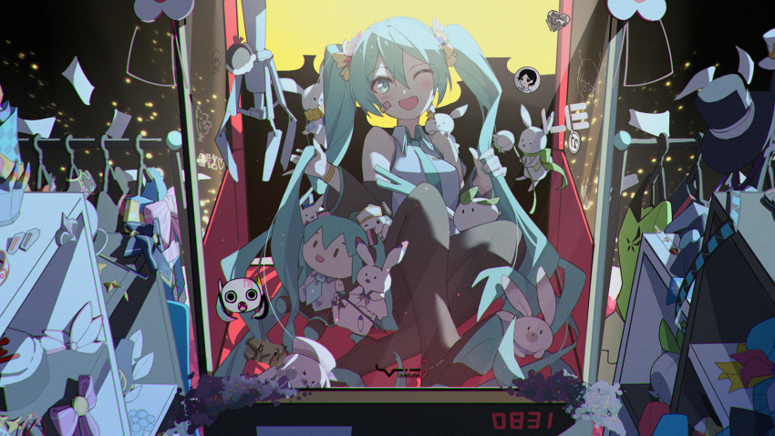 1girl ;d bandaid bandaid_on_face black_footwear black_legwear black_sleeves blush boots bow character_doll clothes_hanger collared_shirt commentary crane_game dated detached_sleeves fang green_eyes green_hair green_neckwear grey_shirt hatsune_miku highres long_sleeves necktie one_eye_closed open_mouth pink_bow rabbit_yukine shirt sleeveless sleeveless_shirt smile striped striped_bow symbol-only_commentary thigh-highs thigh_boots twintails vocaloid wide_sleeves zhayin-san