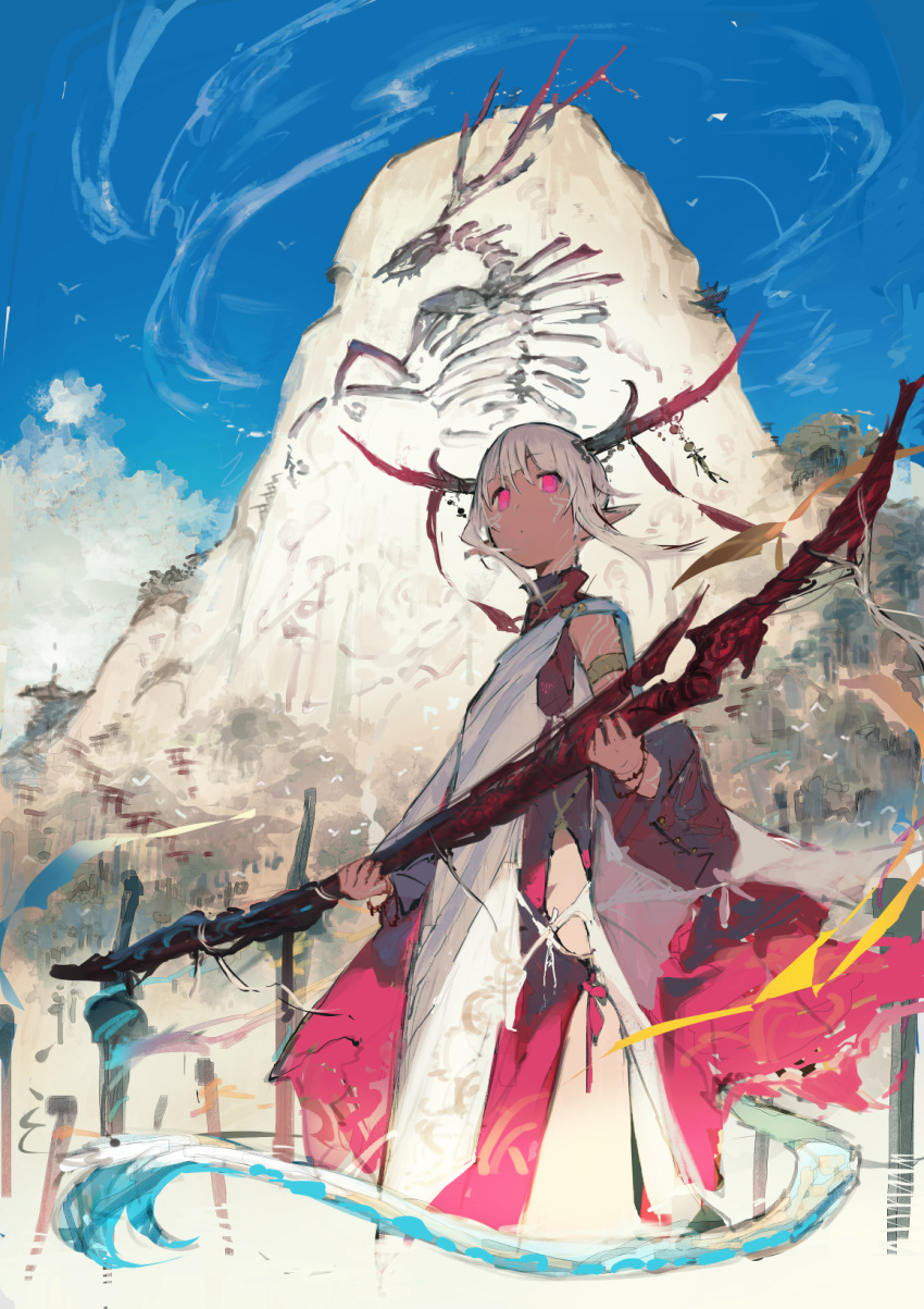 1girl arm_tattoo bangs bird bone bracelet branch clouds day dot_mouth fossil highres holding horn_ornament horns jewelry kureta_(nikogori) mountain original outdoors pink_eyes pointy_ears short_hair_with_long_locks sidelocks sky solo tail tattoo torii white_hair wide_sleeves