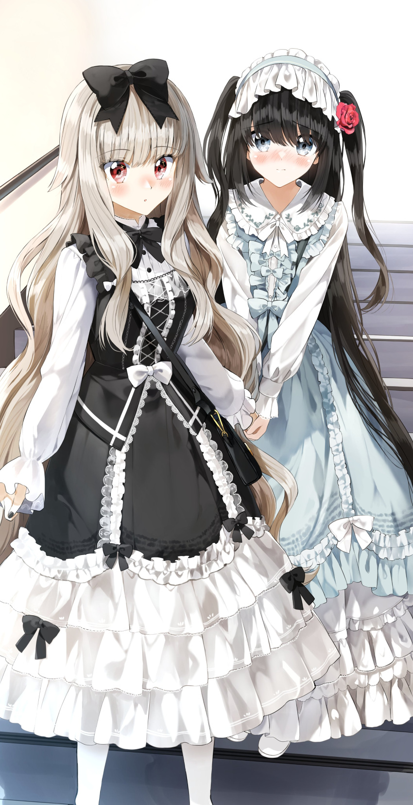 2girls absurdres bag bangs black_bow black_hair blue_eyes blush bow commentary_request dress eyebrows_visible_through_hair flower frilled_dress frills hair_between_eyes hair_bow hair_flower hair_ornament hairband highres holding_hands lolita_fashion lolita_hairband long_hair long_sleeves looking_at_viewer multiple_girls nose_blush original pentagon_(railgun_ky1206) platinum_blonde_hair red_eyes revision stairs two_side_up very_long_hair wavy_hair