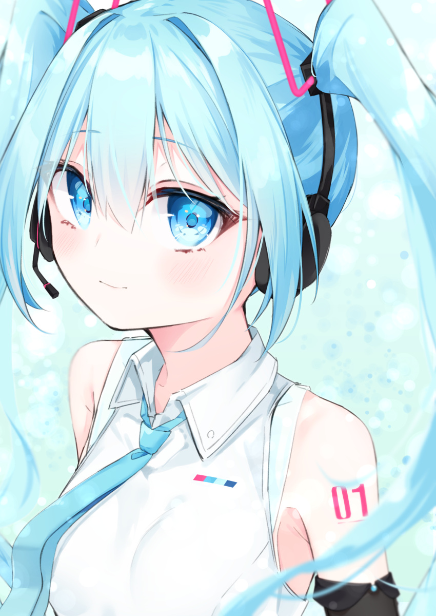 1girl absurdres armpit_peek bare_shoulders blue_eyes blue_hair blue_neckwear blush breasts closed_mouth commentary_request hatsune_miku headphones headset highres hijouguti long_hair looking_at_viewer medium_breasts necktie shirt sleeveless sleeveless_shirt smile solo twintails upper_body vocaloid white_shirt