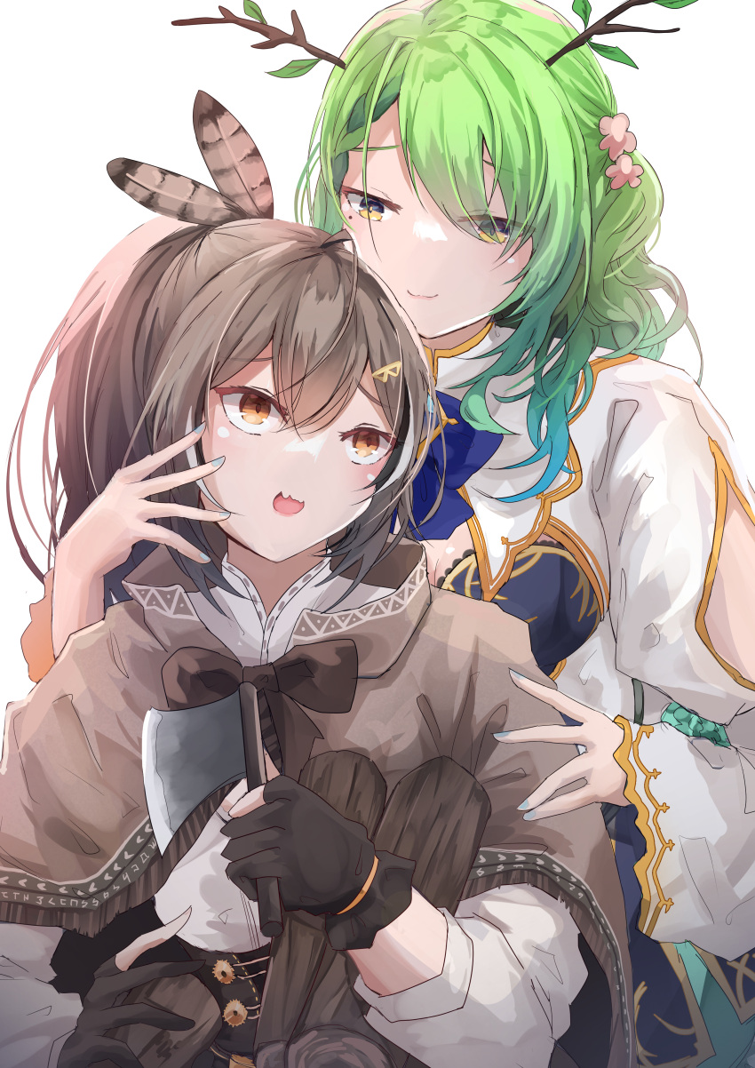 2girls absurdres bangs black_gloves blue_nails branch brown_eyes brown_hair ceres_fauna eyebrows_visible_through_hair feathers fingernails gloves green_hair highres hololive hololive_english long_hair looking_at_another mole mole_under_eye multiple_girls nail_polish nanashi_mumei open_mouth partially_fingerless_gloves rizhi55 solo virtual_youtuber yellow_eyes yuri