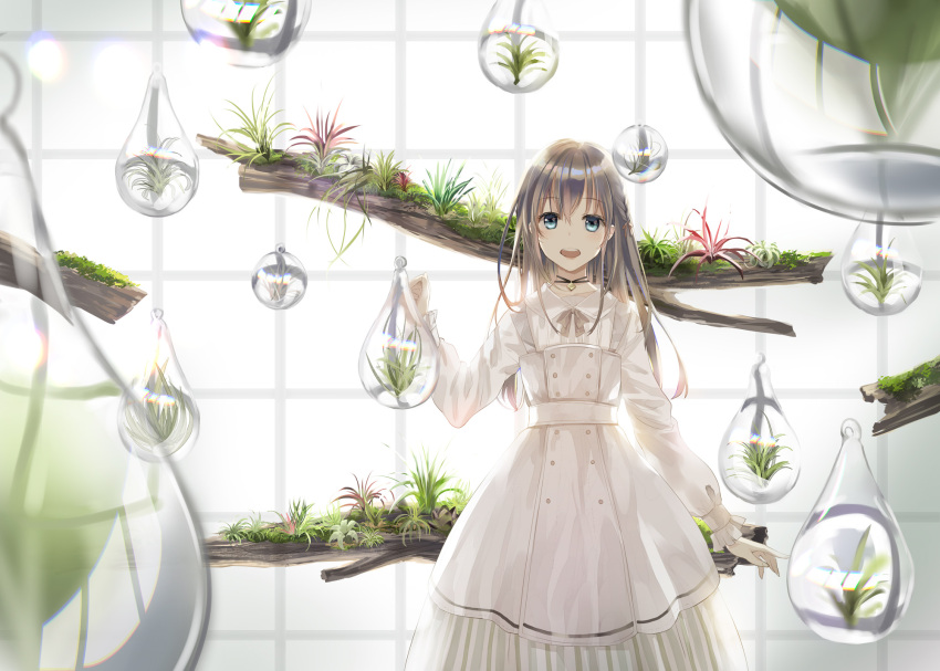 1girl bangs blue_eyes bow branch brown_bow brown_hair collared_shirt commentary_request dress eyebrows_visible_through_hair hair_between_eyes highres indoors long_hair looking_at_viewer naruse_chisato open_mouth original shirt sleeveless sleeveless_dress solo transparent upper_teeth very_long_hair white_dress white_shirt window