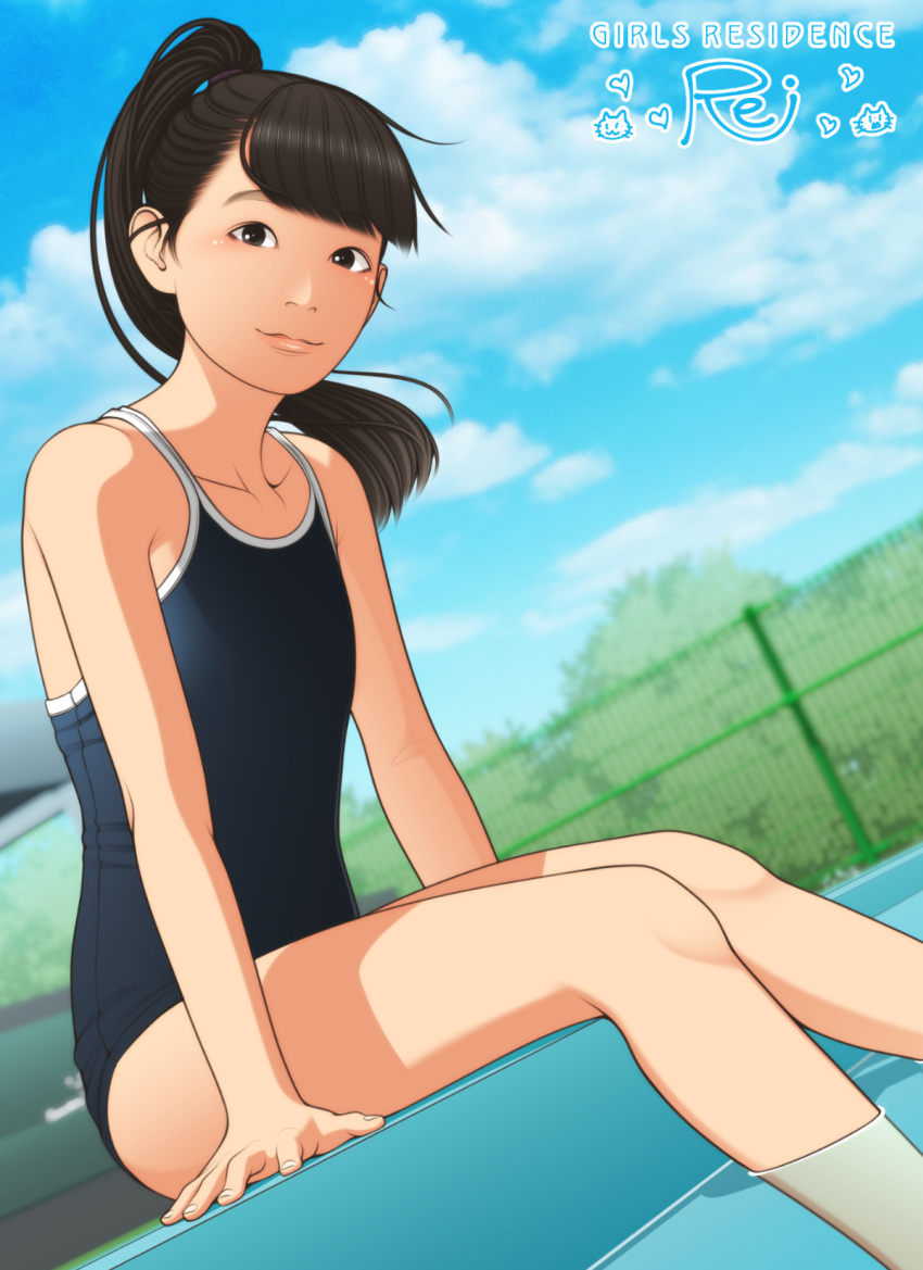 1girl arm_support bangs black_eyes black_hair black_hairband blunt_bangs clouds collarbone dutch_angle fence flat_chest foliage hairband high_ponytail highres leaning_forward light_smile looking_at_viewer original partially_submerged poolside school_swimsuit shinchou_ni_kansuru_kousatsu sitting sky solo swimsuit