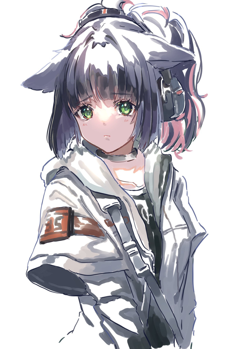 1girl animal_ears arknights black_choker black_hair black_shirt cat_ears choker closed_mouth collarbone commentary eyebrows_visible_through_hair green_eyes grey_jacket headphones highres jacket jessica_(arknights) layered_sleeves long_hair long_sleeves looking_at_viewer multicolored_hair nanaponi ponytail redhead sad shirt short_over_long_sleeves short_sleeves shoulder_strap simple_background solo two-tone_hair upper_body white_background
