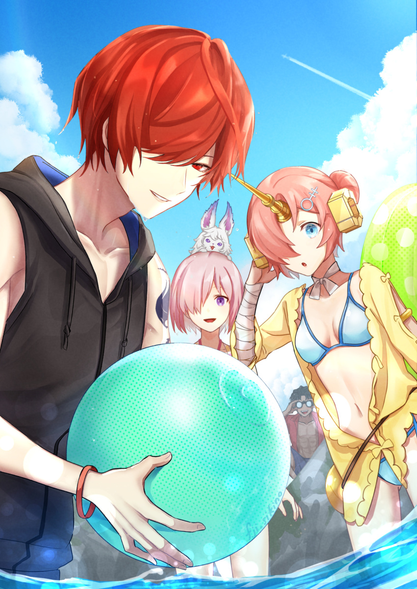 1other 2boys 2girls alternate_costume ball bandaged_arm bandages bangs bartholomew_roberts_(fate) beach bikini binoculars black_hair blue_bikini blue_eyes blue_sky breasts clouds collarbone commentary_request creature creature_on_head dark-skinned_male dark_skin day double_bun eyebrows_visible_through_hair fate/grand_order fate_(series) fou_(fate) frankenstein's_monster_(fate) frankenstein's_monster_(swimsuit_saber)_(fate) fuji_(pixiv35145847) fuuma_kotarou_(fate) hair_ornament hair_over_one_eye headgear highres holding holding_ball hood hood_down hoodie horns in_water jacket light_purple_hair lips long_sleeves looking_at_viewer mash_kyrielight mechanical_horns multiple_boys multiple_girls navel official_alternate_costume one_eye_covered open_clothes open_jacket open_mouth outdoors parted_lips pink_hair pink_lips red_jacket redhead shinobi_attire_for_summer_enjoyment short_hair signature single_horn sky sleeveless sleeveless_hoodie small_breasts smile stalking swimsuit swimsuit_of_perpetual_summer_ver.02 teeth trait_connection violet_eyes water wet yellow_jacket