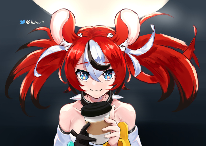 1girl :3 absurdres animal_ear_fluff animal_ears aqua_sleeves bangs bare_shoulders black_background black_gloves black_hair blue_eyes coffee coffee_cup collar cup dice_hair_ornament disposable_cup eyebrows_visible_through_hair gloves hair_ornament hakos_baelz hamllock highres holding holding_cup looking_at_viewer mouse_ears mouse_girl multicolored_hair off-shoulder_shirt off_shoulder redhead shirt sidelocks single_glove solo spiked_collar spikes twintails twitter_username white_hair white_shirt yellow_sleeves