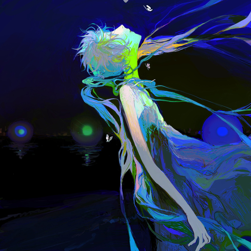 1girl athgil bangs bare_shoulders bug butterfly character_request closed_mouth copyright_request dark_background dress green_eyes hair_ornament hair_tie hatsune_miku highres light long_hair looking_up night night_sky sky solo standing twintails vocaloid water