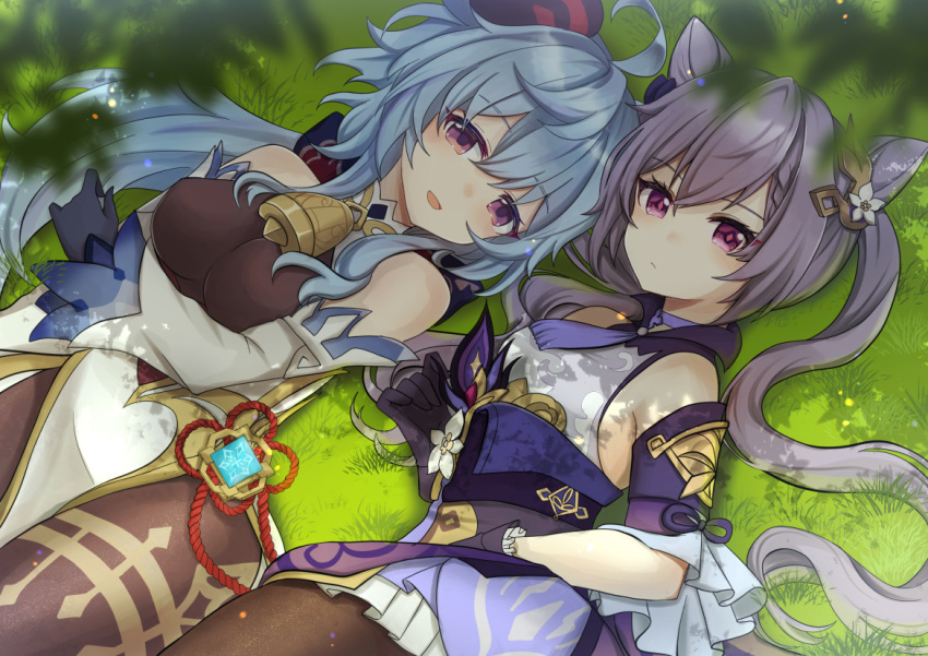 2girls ahoge bangs bare_shoulders bell black_gloves blue_hair breasts cha0198 choker detached_sleeves double_bun dress eyebrows_visible_through_hair frilled_gloves frills ganyu_(genshin_impact) genshin_impact gloves gold_trim grass hair_cones hair_ears hair_ornament hairpin horns keqing_(genshin_impact) long_hair looking_at_viewer lying medium_breasts multiple_girls neck_bell on_back pantyhose purple_choker purple_dress purple_hair smile twintails violet_eyes vision_(genshin_impact) white_sleeves