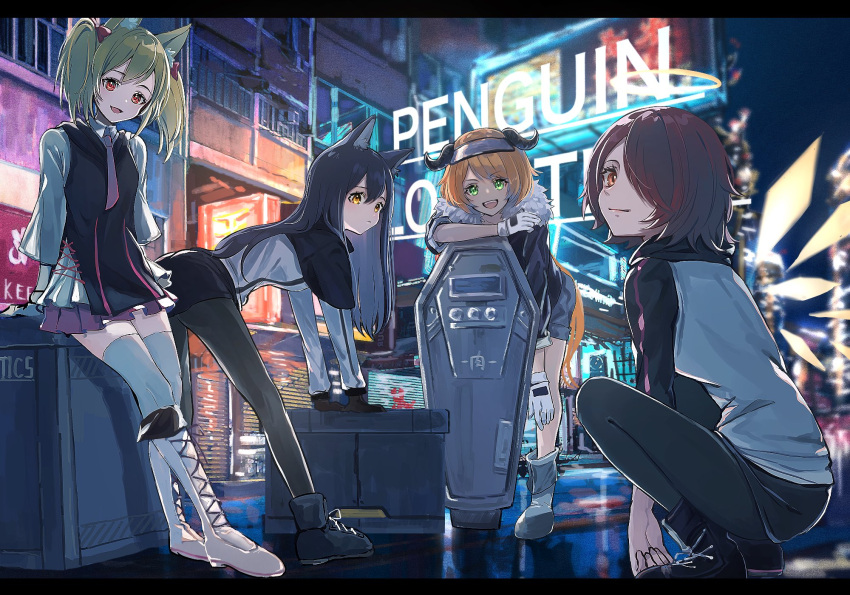 4girls animal_ear_fluff animal_ears arknights arm_support black_capelet black_footwear black_gloves black_hair black_jacket black_legwear black_shirt black_shorts blonde_hair boots capelet city closed_mouth commentary cow_horns croissant_(arknights) energy_wings expressionless exusiai_(arknights) eyebrows_visible_through_hair fur-trimmed_jacket fur_trim gloves green_eyes hair_over_one_eye halo highres horns jacket knee_boots leaning_forward leaning_on_object letterboxed long_hair looking_at_viewer multiple_girls nanaponi necktie night one_eye_covered open_mouth orange_eyes orange_hair outdoors pantyhose penguin_logistics_(arknights) pink_neckwear pleated_skirt purple_skirt redhead riot_shield shield shirt shoes short_hair shorts skirt smile sora_(arknights) squatting standing texas_(arknights) thigh-highs twintails visor_cap white_footwear white_gloves white_jacket white_legwear white_shirt wolf_ears