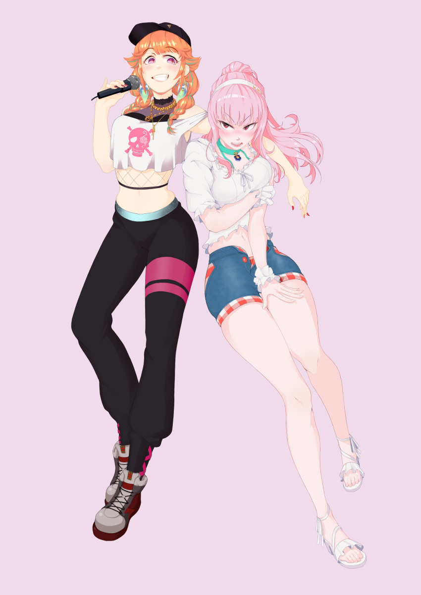 absurdres baseball_cap blouse cosplay costume_switch crop_top denim denim_shorts earrings feather_earrings feathers gradient_hair hat highres hololive hololive_english jewelry long_hair microphone minamiaiba mori_calliope multicolored_hair navel orange_hair pants pink_hair ponytail sandals shoes shorts sneakers takanashi_kiara track_pants tsundere virtual_youtuber white_blouse yuri