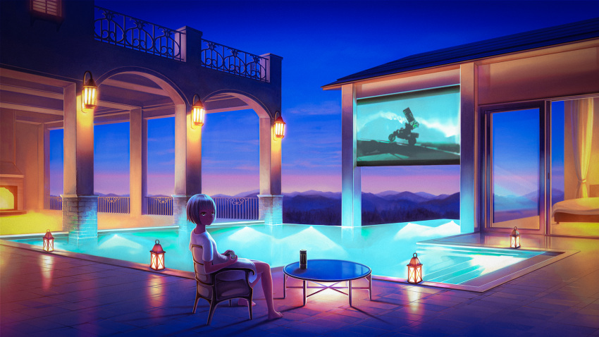 1girl blue_sky chair commentary controller energy_drink english_commentary flat_screen_tv game_controller highres holding lantern monster_energy mountain on_chair original outdoors pool railing revision shirt short_sleeves sitting sky solo sunset table television water white_shirt yoka1chi