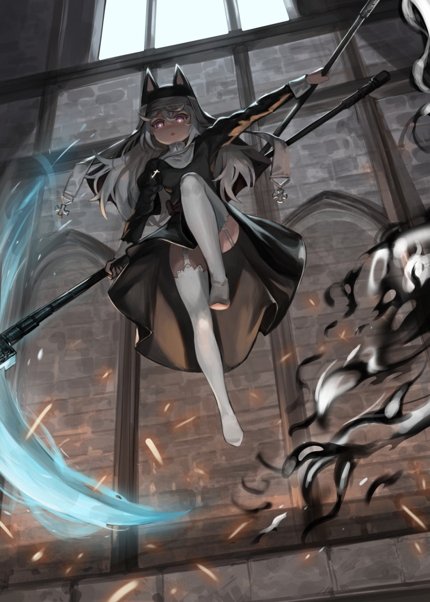 1girl action animal_ears boots cat_ears commentary_request dokomon dress dual_wielding garter_straps girls_frontline habit highres holding indoors jumping korean_commentary long_hair long_sleeves looking_at_viewer p7_(girls_frontline) scythe solo symbol-shaped_pupils thigh-highs thigh_boots violet_eyes white_hair white_legwear