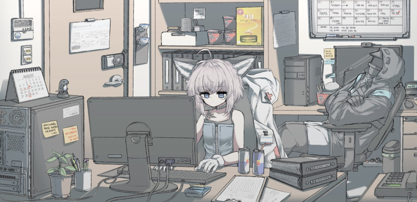 1girl 1other ahoge animal_ears arknights at_computer binder black_jacket blue_eyes brown_hair calendar_(object) chair clipboard commentary_request computer crossed_arms desk doctor_(arknights) energy_drink fox_ears fox_girl gloves highres hood hooded_jacket indoors jacket jb_ryshamr leaning_back monitor office office_chair on_chair oripathy_lesion_(arknights) plant potted_plant ramen red_bull short_hair sleeveless sussurro_(arknights) typing working