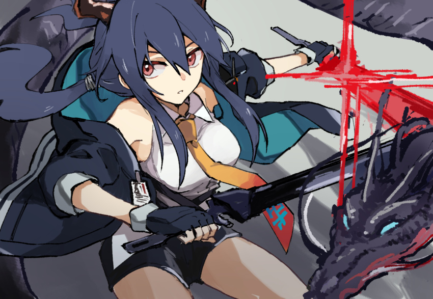 1girl arknights bangs black_gloves black_hair black_jacket black_shorts ch'en_(arknights) dragon dragon_girl dragon_horns dual_wielding exion_(neon) fingerless_gloves gloves hair_between_eyes holding holding_sword holding_weapon horns jacket long_hair looking_at_viewer necktie open_mouth ponytail red_eyes shirt shorts sleeveless sleeveless_shirt sleeves_rolled_up solo sword teeth v-shaped_eyebrows weapon white_shirt yellow_neckwear