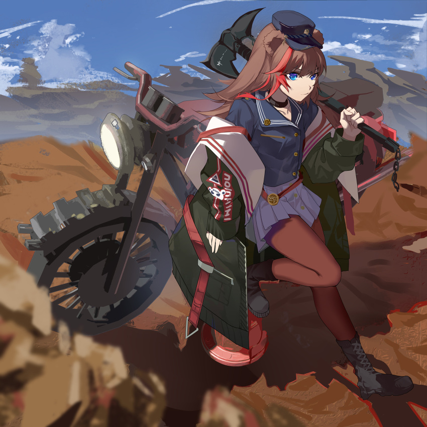 1girl animal_ears arknights axe bear_ears black_collar black_footwear black_jacket blue_eyes blue_headwear blue_skirt boots brown_hair chinese_commentary collar commentary_request fire_hydrant full_body ground_vehicle hat headlight highres holding holding_axe hongbaise_raw jacket long_hair looking_at_viewer motor_vehicle motorcycle multicolored_hair official_alternate_costume open_clothes open_jacket outdoors pantyhose pleated_skirt red_legwear redhead skirt standing streaked_hair zima_(arknights) zima_(ready_to_go)_(arknights)