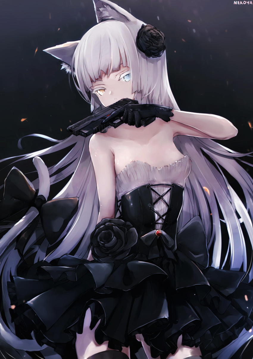 1girl absurdres animal_ear_fluff animal_ears artist_name ass_visible_through_thighs awp_(girls_frontline)_(nekoya_(liu)) bangs black_bow black_dress black_flower black_legwear black_rose blue_eyes bow breasts cat_ears cat_girl cat_tail closed_mouth colored_eyelashes commentary_request cowboy_shot dress eyebrows_behind_hair flower girls_frontline gun hair_flower hair_ornament handgun heterochromia highres holding holding_gun holding_weapon layered_dress long_hair looking_at_viewer nekoya_(liu) original pistol pleated_dress revision rose sig_sauer sig_sauer_p220 signature small_breasts solo strapless strapless_dress tail tail_bow tail_ornament tail_raised thigh-highs very_long_hair weapon white_hair yellow_eyes