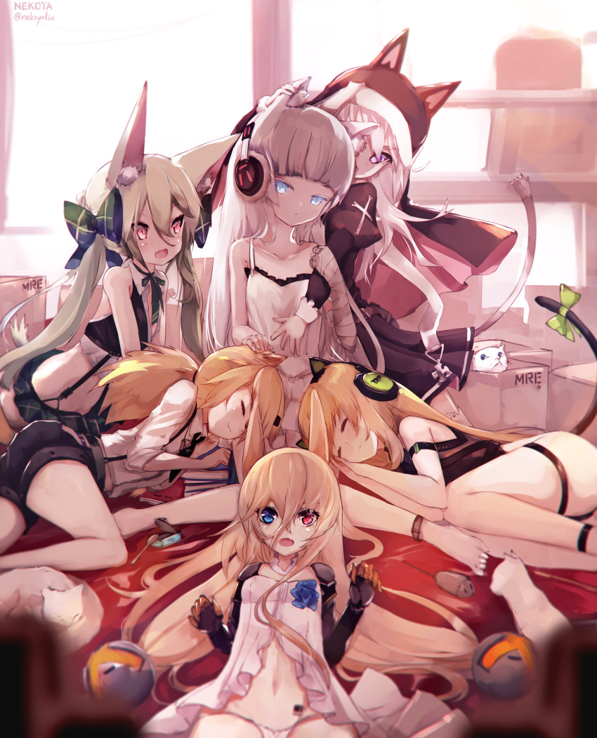 6+girls :d absurdres animal animal_ear_fluff animal_ears art556_(girls_frontline) ass awp_(girls_frontline)_(nekoya_(liu)) babydoll bandaged_arm bandages bangs bare_arms bare_shoulders black_dress black_shorts blonde_hair blue_eyes blurry blurry_foreground blush bow cat cat_ear_headphones cat_ears cat_girl character_name closed_eyes closed_mouth collarbone collared_shirt colored_eyelashes commentary_request crop_top depth_of_field dress eyebrows_visible_through_hair fake_animal_ears fang g41_(girls_frontline) girls_frontline green_bow green_hair green_skirt grey_hair hair_between_eyes hair_bow hair_ornament hand_on_another's_head head_tilt headphones heterochromia highres huge_filesize idw_(girls_frontline) indoors juliet_sleeves long_hair long_sleeves looking_at_viewer lying multiple_girls navel nekoya_(liu) nude on_side open_mouth original p7_(girls_frontline) plaid plaid_skirt pleated_skirt puffy_sleeves red_eyes revision shirt short_shorts shorts signature skirt sleeveless sleeveless_dress smile suspender_shorts suspenders tail tail_bow tail_ornament tail_raised thigh_strap tmp_(girls_frontline) very_long_hair violet_eyes white_babydoll white_cat white_dress white_shirt window