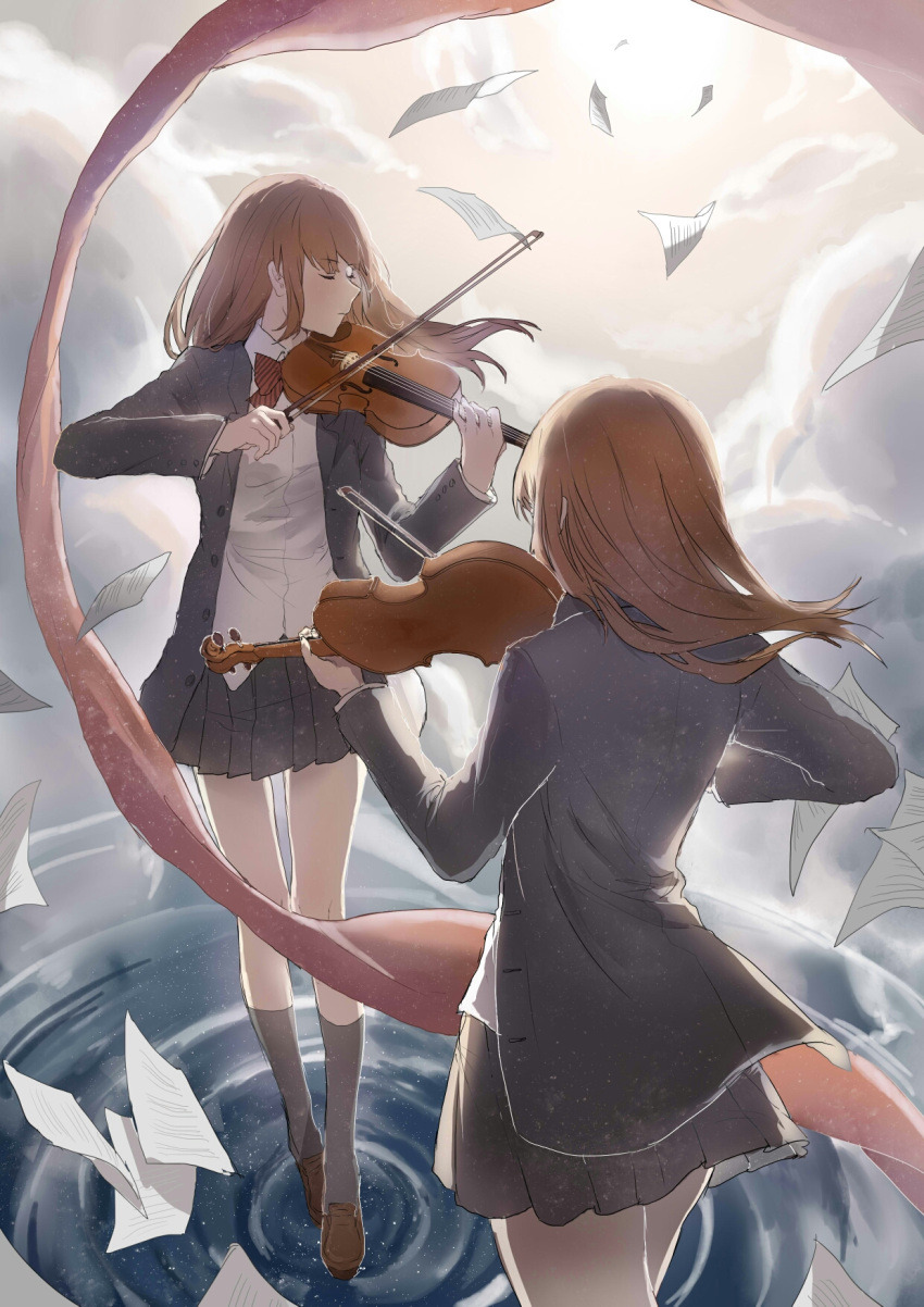 2girls back bangs black_legwear bow bowtie candy_(pixiv15231759) closed_eyes clouds highres holding holding_instrument instrument multiple_girls music original paper playing_instrument ribbon school_uniform skirt standing standing_on_liquid sunlight thigh-highs violin water_surface wind