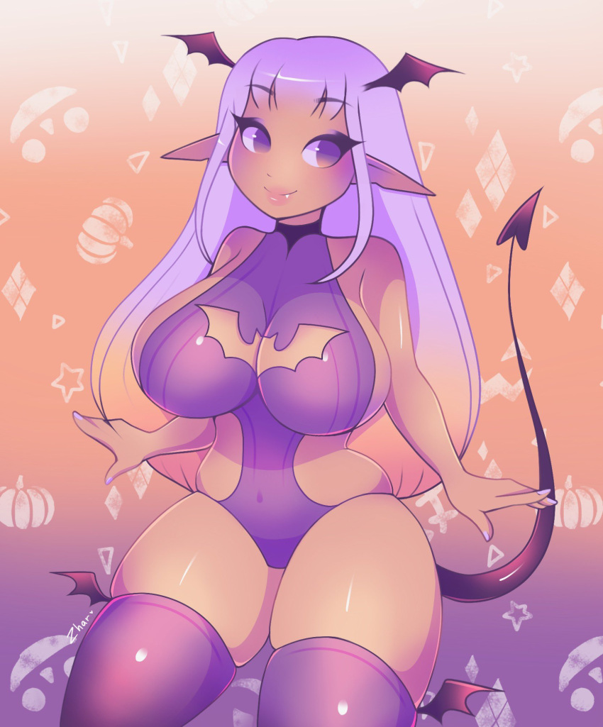 backless_outfit bat_wings bodysuit breasts cleavage_cutout clothing_cutout dark-skinned_female dark_skin demon_girl demon_tail demon_wings eyeshadow fang gradient_hair halloween highres huge_breasts large_breasts makeup multicolored_hair orange_background orange_hair original procreate_(medium) purple_bodysuit purple_eyeshadow purple_hair purple_nails see-through tail thick_thighs thigh-highs thighs violet_eyes wide_hips wings zharxart