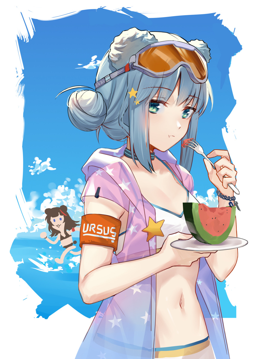2girls :t animal_ears arknights armband bear_ears bikini blue_collar blue_eyes blue_hair breasts brown_hair collar eating eyebrows_visible_through_hair food fork fruit goggles goggles_on_head hair_bun hair_ornament highres holding holding_fork holding_plate hongbaise_raw hood hood_down istina_(arknights) jacket looking_at_viewer multicolored_hair multiple_girls navel open_clothes open_jacket outdoors pink_jacket plate redhead see-through see-through_jacket sidelocks sleeveless sleeveless_jacket small_breasts star_(symbol) star_hair_ornament star_print streaked_hair swimsuit upper_body water watermelon white_bikini zima_(arknights)