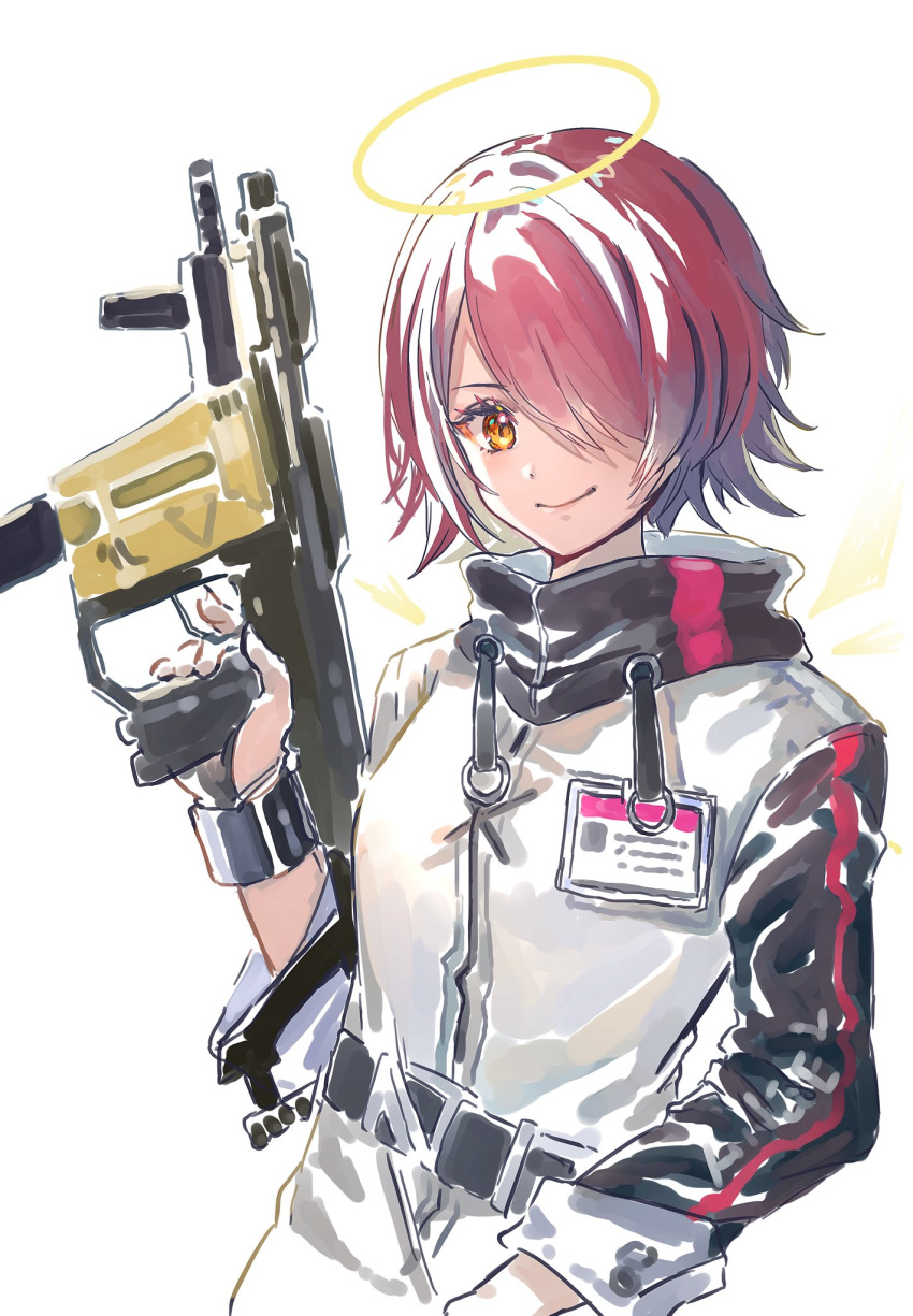 1girl arknights belt black_sleeves bracer closed_mouth commentary energy_wings exusiai_(arknights) gun hair_over_one_eye halo highres holding holding_gun holding_weapon id_card jacket kriss_vector long_sleeves looking_at_viewer nanaponi one_eye_covered orange_eyes redhead short_hair simple_background sleeves_rolled_up smile solo submachine_gun upper_body weapon white_background white_jacket