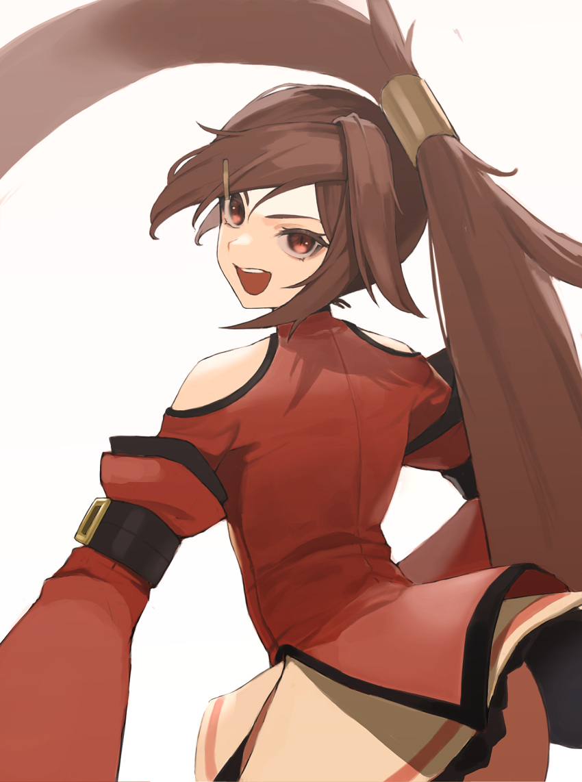 1girl brown_eyes brown_hair chinese_clothes dress flasso guilty_gear guilty_gear_xrd hair_ornament hair_ring highres kuradoberi_jam long_hair long_sleeves looking_at_viewer open_mouth red_dress twintails very_long_hair