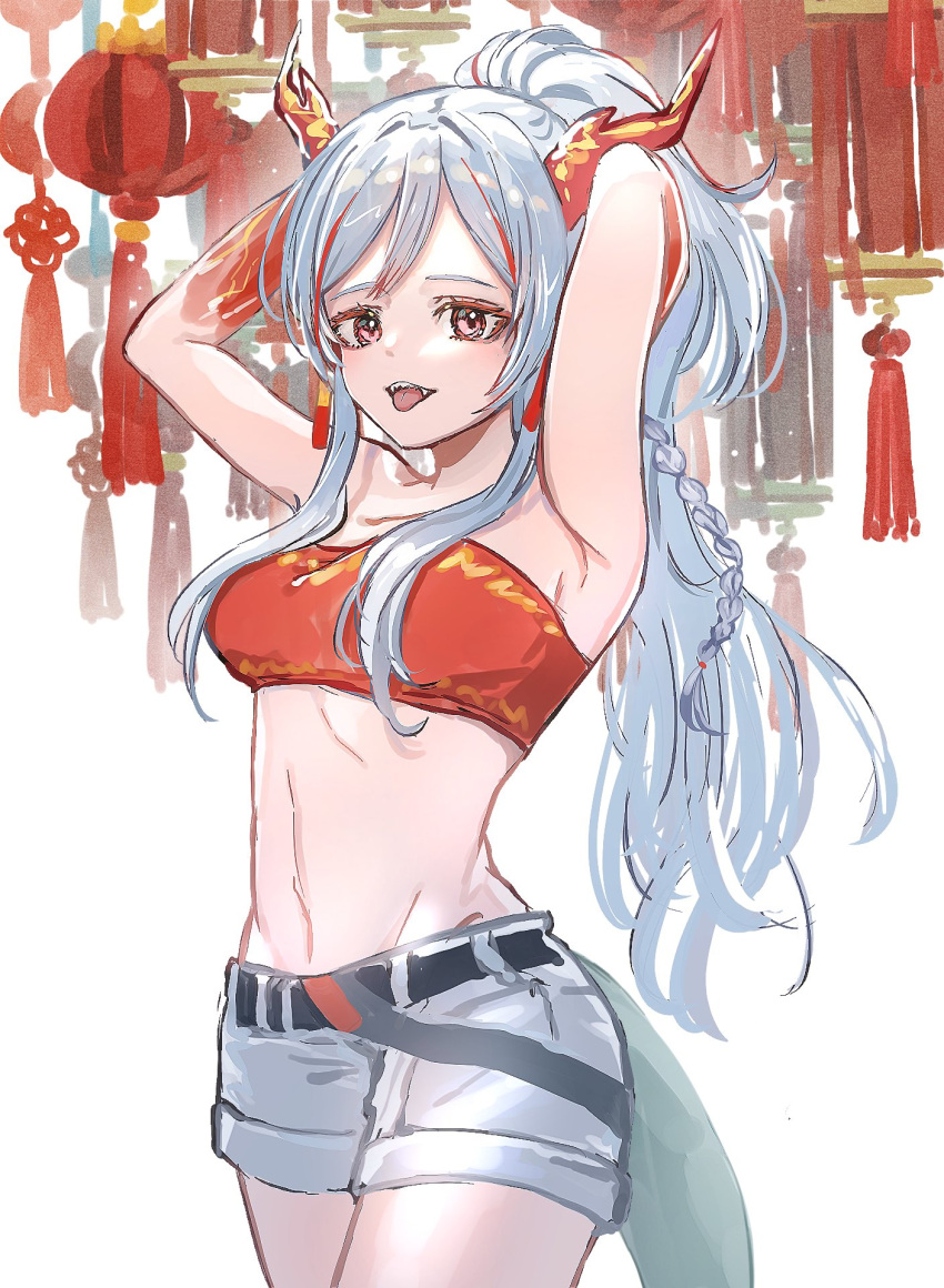 1girl arknights armpits arms_up bandeau bare_arms belt braid colored_skin commentary cowboy_shot dragon_horns dragon_tail fangs hands_in_hair highres horns lantern long_hair looking_at_viewer midriff multicolored_hair nanaponi nian_(arknights) open_mouth paper_lantern ponytail red_bandeau red_eyes red_horns red_skin red_tubetop redhead shorts side_braid simple_background solo strapless streaked_hair tail tongue tongue_out tubetop white_background white_hair white_shorts