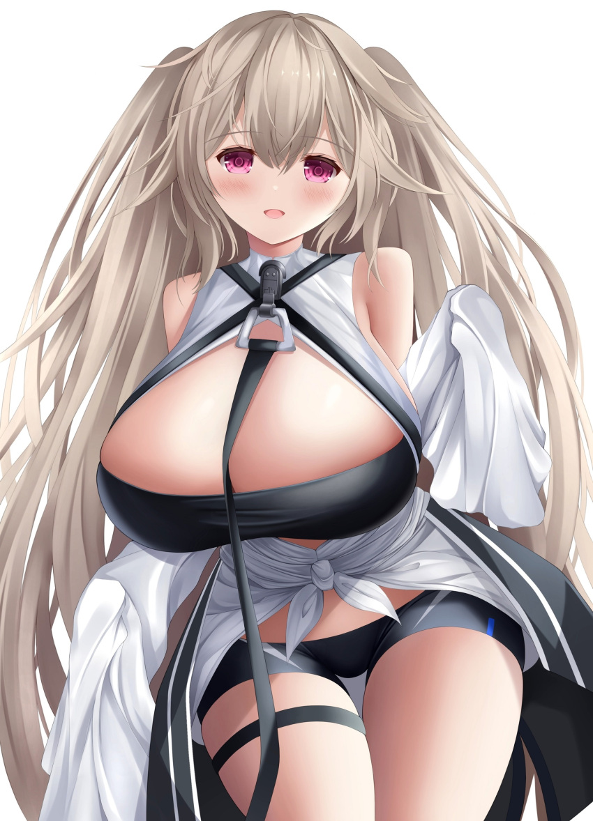 1girl absurdres anchorage_(azur_lane) azur_lane bangs blue_coat breasts coat crossed_bangs eagle_union_(emblem) gintokyhenry highres huge_breasts light_brown_hair long_hair looking_at_viewer micro_shorts neckwear_between_breasts pink_eyes shorts smile solo very_long_sleeves