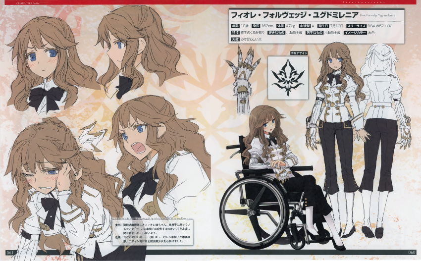 1girl absurdres artbook black_bow blue_eyes bow bowtie brown_hair chair character_name character_profile character_sheet expressions fate/apocrypha fate_(series) fiore_forvedge_yggdmillennia highres konoe_ototsugu magazine_scan multiple_views official_art profile scan shouting sitting tearing_up turnaround wheelchair